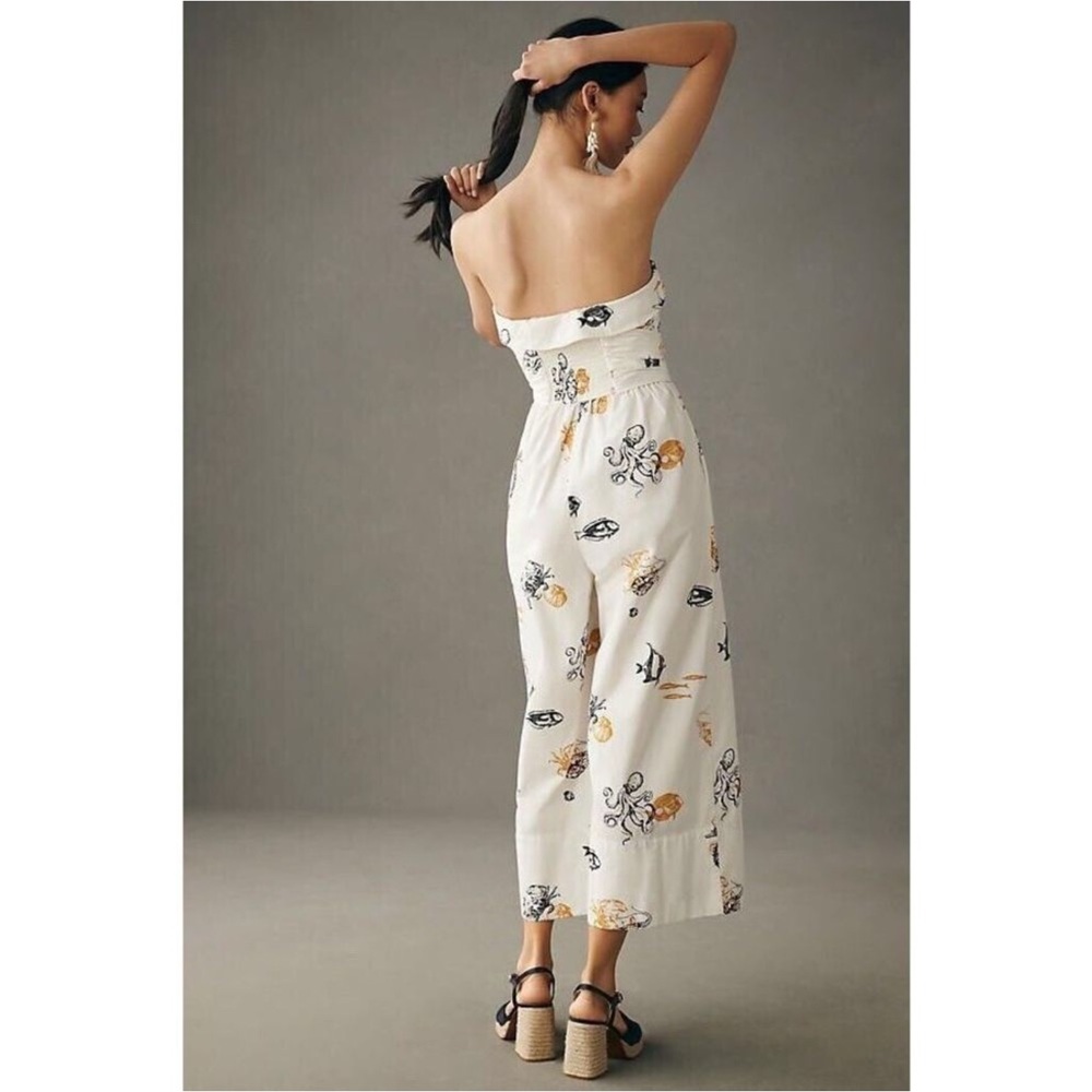Anthropologie Maeve Sea Creatures Strapless Buttondown Wide-Leg Jumpsuit - Picture 3 of 16